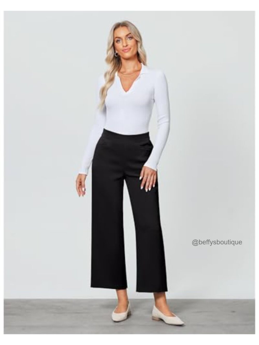 Wide Leg Cropped Pants High Waisted Pull On Stretchy Business Casual